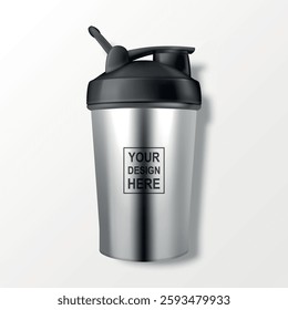 Vector Realistic 3D Steel Empty Glossy Shaker Bottle With Black Cap for Fitness Sports Nutrition Supplement Workout Hydration Closeup Isolated. Packaging Mockup Design Template