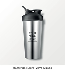Vector Realistic 3D Steel Empty Glossy Shaker Bottle With Black Cap for Fitness Sports Nutrition Supplement Workout Hydration Closeup Isolated. Packaging Mockup Design Template