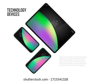 tableta vectorial realista 3d y vista superior de smartphone aislados en fondo blanco. pantalla de inicio coloreada en los dispositivos. maquetas de dispositivos