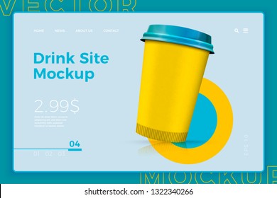 Vector realistic 3d takeout coffee cup isolated on bright modern site template with typographic background. Mock-up for product package branding.