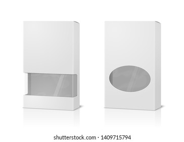 Vector realistic 3d tall paper boxes, blank and with transparent windows isolated on white background.  Mock-up for product package branding.