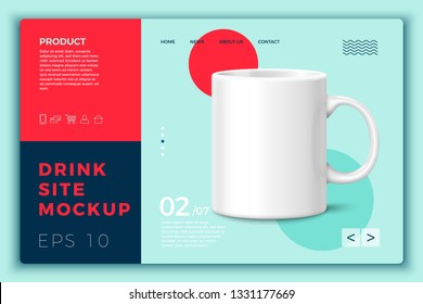 Vector realistic 3d tea mug isolated on bright modern site template with typographic background. Mock-up for product package branding.