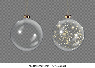 Vector Realistic 3d Transparent Christmas Glass Ball Set with Golden Glitter Closeup Isolated. Design Template of Xmas and New Year Tree Toy Decoration Ball for Mockup. Front View