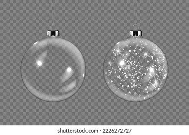 Vector Realistic 3d Transparent Christmas Glass Ball Set with Silver Glitter Closeup Isolated. Design Template of Xmas and New Year Tree Toy Decoration Ball for Mockup. Front View