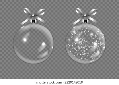 Vector Realistic 3d Transparent Christmas Glass Ball Set with Silver Glitter Closeup Isolated. Design Template of Xmas and New Year Tree Toy Decoration Ball for Mockup. Front View