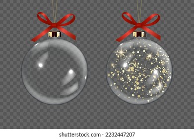 Vector Realistic 3d Transparent Christmas Glass Ball Set with Golden Glitter Closeup Isolated. Design Template of Xmas and New Year Tree Toy Decoration Ball for Mockup. Front View