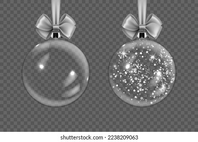 Vector Realistic 3d Transparent Christmas Glass Ball Set with Silver Glitter Closeup Isolated. Design Template of Xmas and New Year Tree Toy Decoration Ball for Mockup. Front View