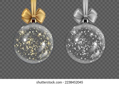 Vector Realistic 3d Transparent Christmas Glass Ball Set with Golden and Silver Glitter Closeup Isolated. Design Template of Xmas and New Year Tree Toy Decoration Ball for Mockup. Front View