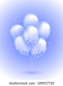 Vector realistic 3D transparent party balloons with confetti and bokeh. Best for Valentine's Day, Birthday design and Baby Shower party. Boy's style.