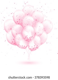 Vector realistic 3D transparent party balloons with confetti. Best for Valentines Day, Birthday design and Baby Shower party. Girl's style.