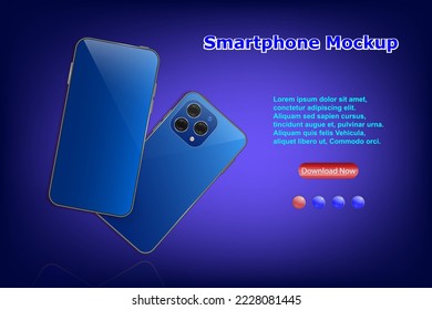 Vector realista, tres teléfonos inteligentes en fondo azul. plantilla de diseño web