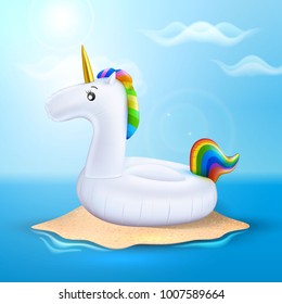 Vector realistic 3d unicorn shape rainbow hair inflatable swimming pool ring, tube, float. Summer vacation holiday, traveling, beach and ocean . Illustration on sea island blue cloud sky background