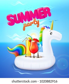 Vector realistic 3d unicorn shape rainbow hair inflatable swimming pool ring tube float with cocktail. Summer party lettering inscription poster template vacation Illustration sea cloud sky background