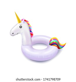 Vector realistic 3d unicorn.Swim rings on white background. Inflatable rubber toy for  water and beach or trip safety.
Vector illustration. 