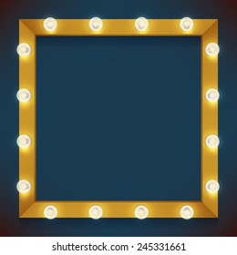 Vector realistic 3d volumetric background on marquee frame lit up with electric bulbs | Retro looking presentation design element square frame glowing with lamps