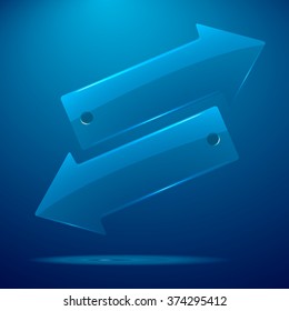 Vector realistic 3d volumetric blue transparent gradient arrow with text on dark blue background set. Poster banner print advertisement infographics design element