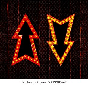 Vector realistic 3d volumetric icon on marquee sign turning right arrow it up with electric bulbs. Retro looking presentation design element curve arrow glowing with lamps