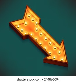 Vector Realistic 3d Volumetric Icon On Marquee Symbol Arrow Pointing Down Right Lit Up With Electric Bulbs | Retro Looking Presentation Design Element Cursor Glowing With Lamps 