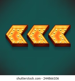 Vector realistic 3d volumetric icon on marquee sign chevron arrows pointing left lit up with electric bulbs | Retro looking presentation design element chevron arrows glowing with lamps 