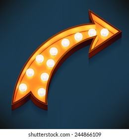 Vector Realistic 3d Volumetric Icon On Marquee Sign Turning Right Arrow Lit Up With Electric Bulbs | Retro Looking Presentation Design Element Curve Arrow Glowing With Lamps 