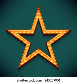 Vector realistic 3d volumetric icon on marquee sign five pointed star frame lit up with electric bulbs | Retro looking wall presentation design golden star symbol glowing with lamps 