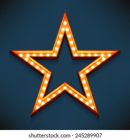 Vector realistic 3d volumetric icon on marquee sign five pointed star frame lit up with electric bulbs | Retro looking presentation design element golden star symbol glowing with lamps 