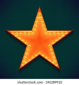 Vector realistic 3d volumetric icon on marquee sign five pointed star lit up with electric bulbs | Retro looking presentation design element golden star symbol glowing with lamps 