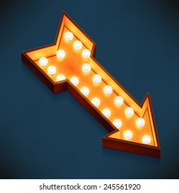 Vector realistic 3d volumetric icon on decorative marquee symbol arrow pointing down right lit up with electric bulbs | Retro looking presentation design element cursor glowing with lamps 