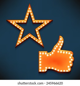 Vector realistic 3d volumetric icons on like and feature thumbs up and star symbols glowing with bulbs | Marquee thumbs up gesture and favorite star lit with lamps for social media marketing design