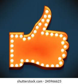 Vector realistic 3d volumetric icons on like and appreciate thumbs up symbol glowing with bulbs | Marquee thumbs up gesture lit with lamps for social media marketing and presentation design