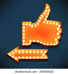 Vector realistic 3d volumetric icons on like and share thumbs up and arrow symbols glowing with bulbs | Marquee thumbs up gesture and arrow lit up with lamps for social media marketing design