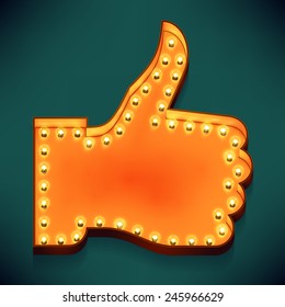 Vector realistic 3d volumetric icons on like and appreciate thumbs up symbol glowing with bulbs | Marquee thumbs up gesture lit with lamps for social media marketing and presentation design