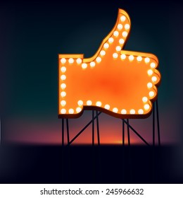 Vector realistic 3d volumetric icons on like and appreciate thumbs up symbol glowing with bulbs | Marquee thumbs up gesture lit with lamps on evening sky background for social media marketing design