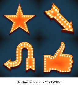 Vector realistic 3d volumetric icons on arrows, like feature thumbs up star symbols glowing with bulbs | Marquee thumbs up gesture and favorite star lit with lamps for social media marketing design