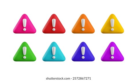 Vector Realistic 3d warning sign color set. Yellow, red, blue, green triangle shape with white exclamation mark. Cartoon 3d render of danger symbol, hazard notification symbol collection.