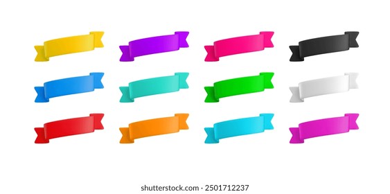 Vector Realistic 3d Wavy diagonal ribbons set. Cartoon 3d colorful sloping ribbons collection isolated on white. Vintage design element, decorative sticker. Cute folded ribbon for advert, game, app.