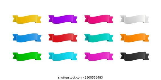 Vector Realistic 3d Wavy Ribbons set. Cartoon 3d colorful ribbons collection isolated on white background. Vintage design element, decorative sticker. Cute folded ribbon for banner, advert, game, app.