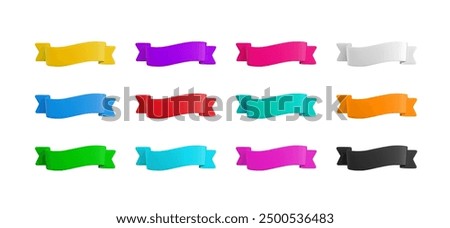 Vector Realistic 3d Wavy Ribbons set. Cartoon 3d colorful ribbons collection isolated on white background. Vintage design element, decorative sticker. Cute folded ribbon for banner, advert, game, app.