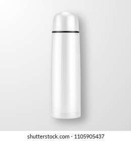 Vector realistic 3d wgite empty glossy metal vacuum thermo tumbler flask closeup on white background. Design template of packaging mockup for graphics. Top view