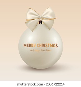Vector Realistic 3d White or Beige Christmas Glass Ball with Silk Bow nad Golden Print Closeup. Design Template of Xmas and New Year Tree Toy Decoration, Christmas Ball for Mockup. Front View