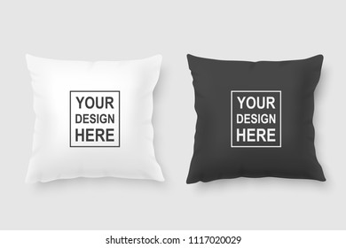 Vector realistic 3d white and black pillow set closeup isolated on white background. Design template for graphics and mockup. Top view