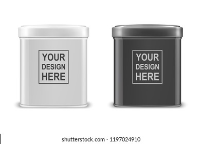 Vector realistic 3d white and black blank metal aluminium tea tin can container with cap rectangular or square shape icon set closeup isolated on white background. Design template for graphics