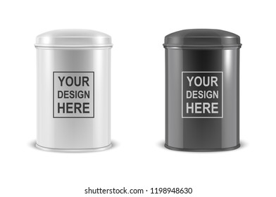 Vector realistic 3d white and black blank metal aluminium tea tin can container with cap oval or circle shape set closeup isolated on white background. Design template for mockup packaging baby powder