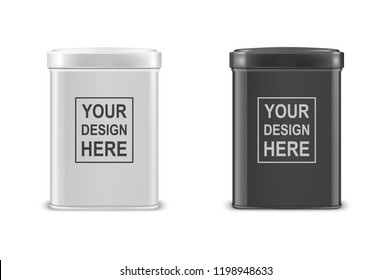 Vector Realistic 3d White And Black Blank Metal Aluminium Tea Tin Can Container With Cap Rectangular Or Square Shape Set Closeup Isolated On White Background. Design Template For Mockup Packaging Baby