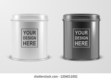 Vector Realistic 3d White And Black Blank Metal Tin Can Container Set Closeup Isolated On White Background. Design Template For Packaging Baby Powder Milk, Tea, Coffee, Cereal, Mockup. Front View