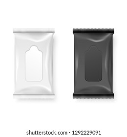 Vector Realistic 3d White and Black Wet Wipes Package Icon Set Closeup Isolated on White Background. Design Template of Napkins, Cosmetic, Food, Product or Other Packaging for Mockup. Top view