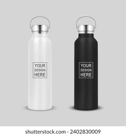 Vector Realistic 3d White and Black Blank Glossy Metal Reusable Water Bottle Icon Set with Silver Bung Closeup Isolated on White Background. Design Template of Packaging Mockup. Front View