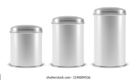 Vector realistic 3d white blank metal aluminium tin can containers with silver cap different size - small, medium and big - icon set closeup isolated on white background. Design template for graphics