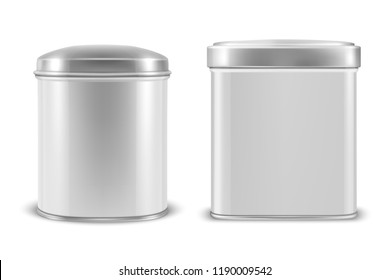 Vector realistic 3d white blank metal aluminium tin can containers with silver cap rectangular or square, oval shape icon set closeup isolated on white background. Design template for graphics