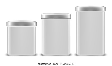 Vector realistic 3d white blank metal aluminium tin can containers with silver cap different size - small, medium and big - icon set closeup isolated on white background. Design template for graphics